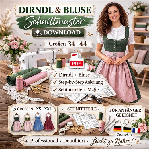 Dirndl Sewing Pattern + Blouse for Women (PDF) | Traditional Dirndl Sewing Instructions | Dirndl Dress Pattern Download | Multilingual, Sizes 34-44 - Etsy