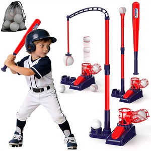 Tee Ball Set for Kids, 3-in-1 Baseball Toys with Hanging Tee, Tee Ball Stand, Ball Launcher and 6 Balls, Adjustable Height Baseball Stand, Indoor & Outdoor Sport Toy for Toddler Boys Ages 2-4