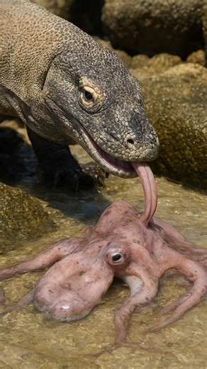 Komodo Dragon Struggles to Eat Slippery Octopus | Smart Survival Tactics