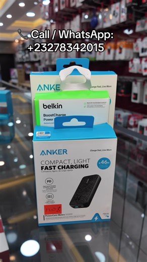 🔋 Anker 10,000mAh & Belkin 20,000mAh Power Banks ⚡ Anker 10,000mAh • Compact & portable • 1–3 phone charges • Fast charging with USB-C / USB-A • Reliable everyday use ⚡ Belkin 20,000mAh • High capacity – multiple full charges • Up to 30W fast charging • Charge 2–3 devices at once • Great for travel & heavy users ✔ Anker = portable daily use ✔ Belkin = bigger power, longer use 📞 Call / WhatsApp: 23278342015 📍 No. 2 Forest Compound, Peninsula Highway #Ank#Ankerl#Belkinw#PowerBanks#FastChargingc