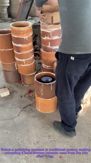 Unloading a Fired Ceramic Vase: Traditional Pottery Kiln Unloading