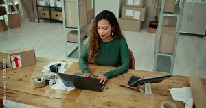 Distribution, laptop and zoom with business woman at desk in depot for delivery tracking. Computer, logistics and supply chain with happy African employee at work for online shopping or retail