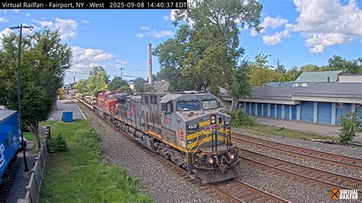 At Fairport, New York, a military train recently rolled through town with a unique pair of locomotives leading the way. Become a Virtual Railfan member to watch this camera live. Click here to join now for just $4.99 monthly: https://virtualrailfan.com/memberships/ | Virtual Railfan