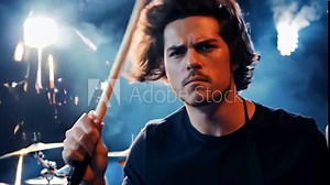 Drummer in a rock bank playing the drums while in the zone as pyrotechnics and fireworks go off at a concert.