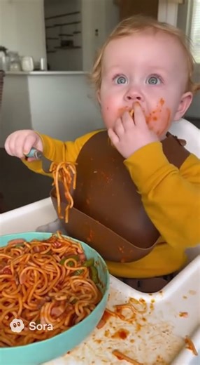 baby eats spaghetti