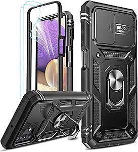 LeYi Compatible for Samsung Galaxy A32 5G Case: A32 5G Case with Slide Camera Cover + [2 Pack] HD Screen Protector, 360 Full Body Military-Grade Phone Case with Kickstand for Galaxy A32 5G, Black