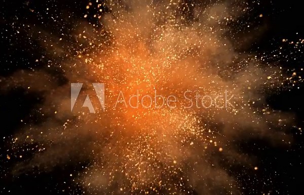 Abstract Orange Explosion - A vibrant orange explosion bursts against a black background, with particles radiating outwards creating a dynamic and energetic effect.