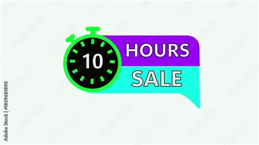 10 Hours Sale Stopwatch Timer Icon With Speech Bubble On White Background.10 hours sale, hours, timer, stopwatch, clock, time, limited time, offer, deal.4k animation