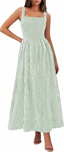 PRETTYGARDEN Women's Maxi Striped Dress Summer Sleeveless Square Neck Smocked A Line Long Flowy Spring Vacation Sundress