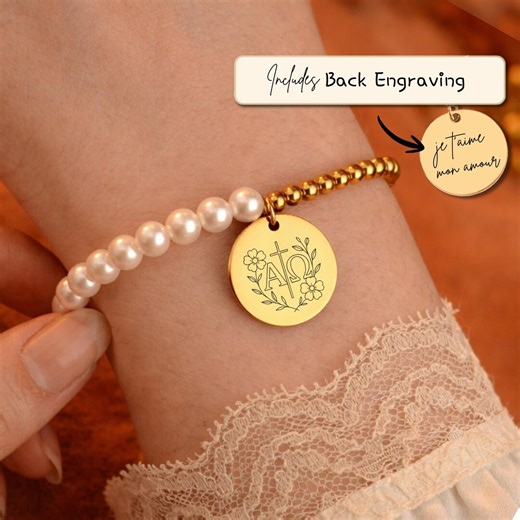 Personalized Alpha Omega Pearl & Gold Coin Bracelet for Women • Custom Engraved Jewelry • Gifts for Her • - Etsy