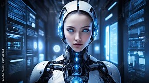 A humanoid head with a neural network brain. Artificial intelligence concept animation.