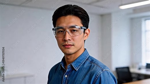 Young Asian male engineer wearing safety goggles in a modern office lab, focused and professional—science, technology, and R&D concept