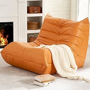 Hobestluk Giant Bean Bag Chair Lazy Floor Sofa, Memory Foam Fireside Sofa for Adults, Big Beanbag Faux Leather Armless Chair for Living Room Bedroom Dorm Office (Orange, Single)