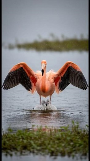 Flamingo Mother Protects Her Babies from Rain | Heartwarming Wildlife Moment #naturalwildlifeanimals