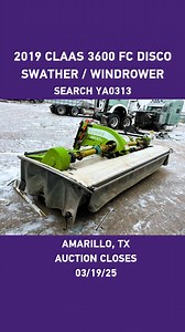 2019 Claas 3600 FC Disco swather / windrower in Amarillo, TX selling in the Ag Equipment Auction on March 19, 2025. https://bit.ly/4iw9Up2 #Claas #Claas3600FC #Swather #Ag #FarmEquipment #AmarilloTx #Texas | Purple Wave Auction