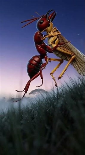 Driver Ant vs Desert Locust on the a cold, moonlit savanna with silvered grass