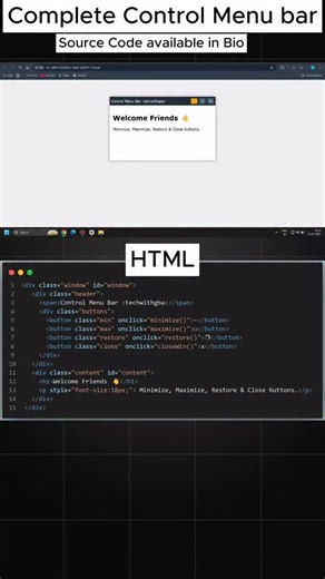 💻 HTML•CSS•JavaScript•Python on Instagram: "Complete Screen control menu bar | Close button |Minimize | Maximize | Restore Doqn Button using html , CSS & Javascript. Small Project .. #webdevelopment #html #techwithgba #reels #codinglife"