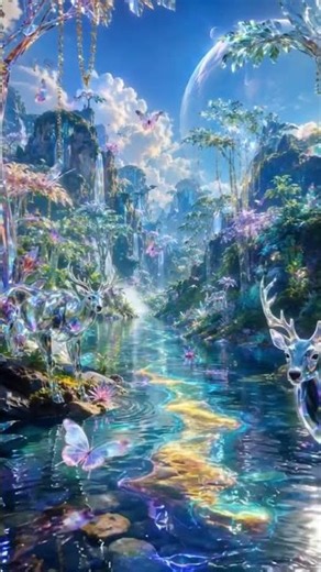 Crystal Fantasy Forest Dreamy Alien Paradise with Glass Deer and Magical Rivers