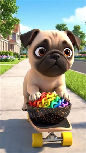 Pug Eats Rainbow Noodles! Pays With Bowl! Skateboards Home! Shares With Girl! 🍜🐕 #shorts #pug