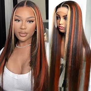 Ginger Blonde Highlight Lace Front Wigs Human Hair Skunk Stripe 13x4 Lace Frontal Wig Straight Black Ginger and Blonde Ombre Colored Wigs Glueluess Human Hair 20 Inch 180% Density Pre Plucked