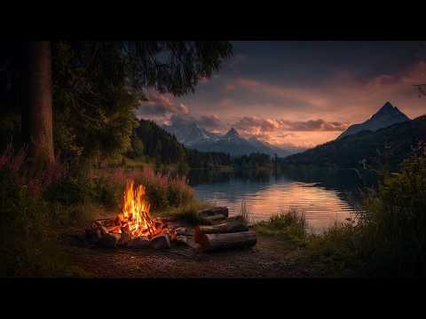 Deep Night Campfire by Lake 4K - 24/7🔥Full Moon Glow and Calm Nature Ambience