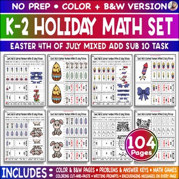 4th of July and Easter Math Count Solve Mixed Add Sub 10 Cut Paste Color Game