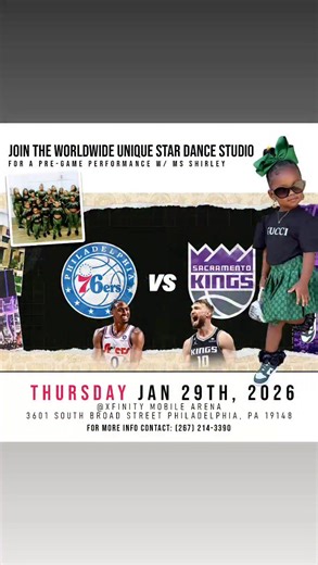 Ms. Shirley on Instagram: "BIG stage. BIG opportunity. 🌟 Smoochez by Ms Shirley will be hitting the court PRE-GAME with the Worldwide Unique Star Dance Studio at the 76ers 🆚 Sacramento Kings game! 🏀🔥 📅 Thursday, January 29th, 2026 📍 Xfinity Mobile Arena – Philadelphia, PA https://www.gofevo.com/event/WorldwideENT From dance floors to NBA arenas, the journey continues 💚✨ #MsShirley #PreGamePerformance #NBAExperience #DanceLife #LittleStarBig"