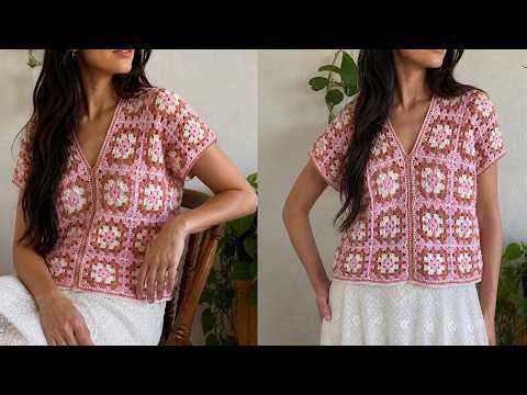 Easy & Elegant crochet granny square top beginner friendly, made with only 2 rectangle pieces.