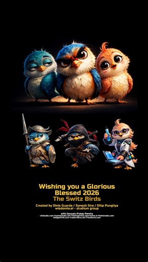 Dinis Guarda on Instagram: "The Switz Birds Wisdomia ztudium’ 2026 Blessings Hello, I am Zipx Did you know… children smile about 400 times a day? Hello, I am Dipx “Adults?” - “Twenty.” “Wait… we lose 380 smiles on the way to growing up??” Hello, I am Switx “This is unacceptable.” Blake saw heaven in a wildflower— we say: see it in a smile. We say: let the smile we’ve lost be what we reclaim. This year… let us work to bring them back. Not just 380, but countless more— for the impossible miracle o