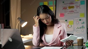 Serious, business woman with documents, computer and office management, accounting budget or payroll check. Busy professional accountant person with company taxes, audit or financial paperwork review