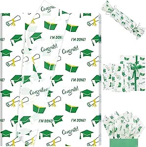 Ywdbzjhs 60 Sheets 2025 Graduation Tissue Paper, 20x14 inch Graduate Cap Diploma Scroll Book Patterns Gift Wrapping Paper for 2025 Art Craft Graduation Party (Green)
