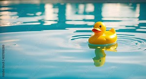 Animated yellow rubber duck floating on water in the pool with glimmering light reflections, evoking summer joy. Perfect kids swimming tool for summer joy or visuals for children