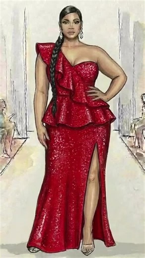 Red. Slit. Say less. One Shoulder Layered Ruffle Gown In Red Glitter Available at www.ChicAndCurvy.com