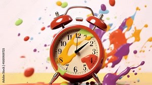 Red alarm clock is splattered with colorful paint, creating a vibrant and dynamic scene that symbolizes the creative energy of time