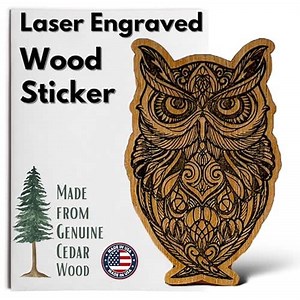 Genuine Wood Laser Engraved Sticker, Owl, Wooden Craft Sticker, Etched Decal for Water Bottle, Laptop, Home Decor, DIY, Scrapbooking, Wall Art, Planner, Tumbler, USA Made