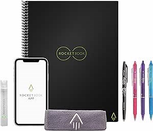 Rocketbook Smart Reusable Lined Eco-Friendly Notebook with 4 colored Pilot Frixion Pens, 1 Microfiber Cloth, & 1 Spay Bottle - Infinity Black Cover, Letter Size (8.5in x 11in)