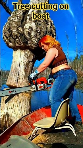 Wait.. 🤯 Is This Even Safe? ⚠️ Girl Cutting Tree On Boat?!#shorts#stihl#chainsaw#treecutting#haseen