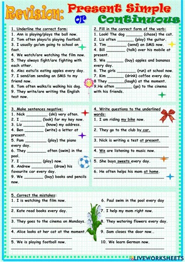 Present Simple vs Present Continuous Revision worksheet