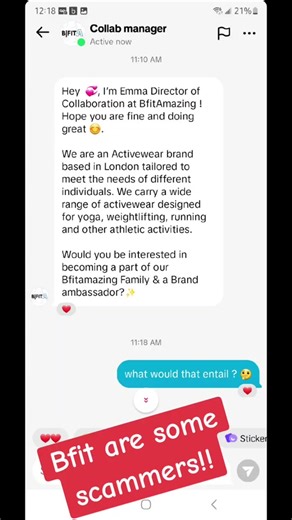 Please don't be fooled by these scammers!! Bfit Amazing active wear is trying to get people like me who work out and don't have many followers to be their