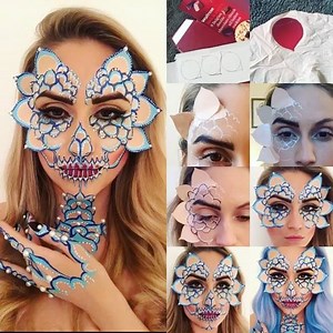 Step by Step Relm Skull 📽🔢🎧💀💙 Inspired by @relmxx I literally used cardboard from a chocolate chip cookie box from @waitrose with bald cap plastic stuck over the top then bent the edges of the petals and adhered the shapes using Aquafix from @mouldlife @mouldlifeuk I then blended the edges into my face. I then painted over the top using the product list in my previous post. The pearls are from @kryolanofficial @kryolanuk Getting the proportion and size right of the petals was time consuming