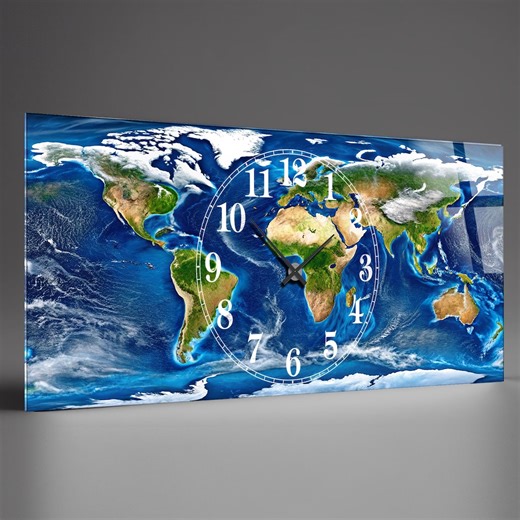 Tempered Glass Wall Clock: Extra Large World Map Art