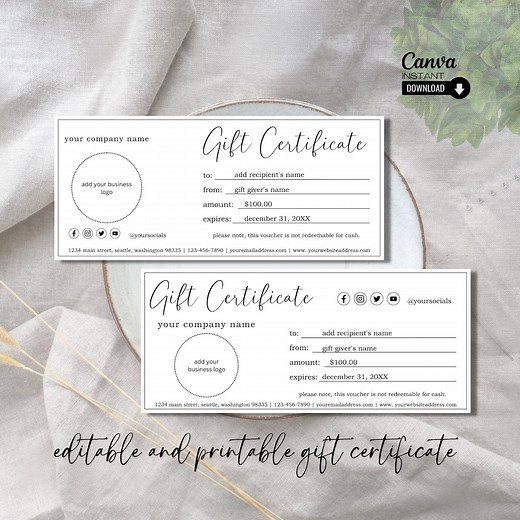 Editable Gift Certificate Template: Canva Printable (digital Download) - Etsy