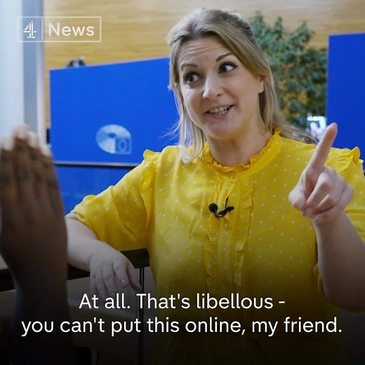 "That's libellous, you can't put this online, my friend.” Brexit Party MEP Alexandra Phillips denies working for Cambridge Analytica in Kenya, speaking to Channel 4 News. A few days later she admitted working for the firm's parent company. | Channel 4 News
