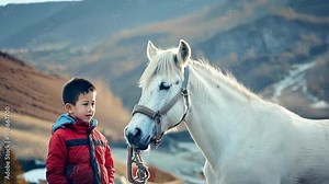 young boy with a horse as rural countryside pasture landscape