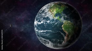 Earth Rotation Closeup features the Earth on closeup. It spins on its axis and the land forms and water are visible. Meanwhile, the moon also shows up as it revolves through on its orbit.