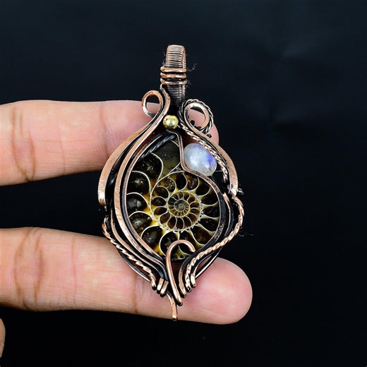 Ammonite Fossil, Flashy Moonstone Pendant, Copper Wire Wrap Necklace, Natural Fossil & Moonstone Handmade Jewelry Gift for Mom, Sister, Wife - Etsy