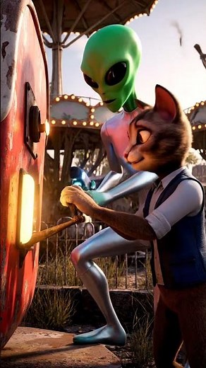 Alien and cat fix a ride in an abandoned amusement park