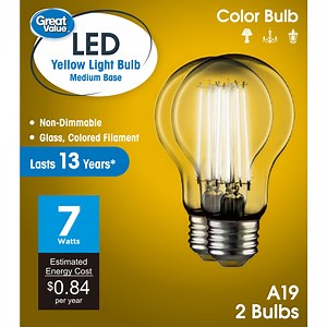 Great Value LED Yellow Color Light Bulb, 7.5 Watts A19 Lamp E26 Medium Base, Non-dimmable, 2-Pack