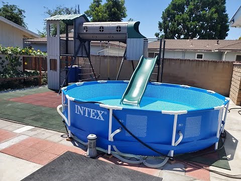 Joining above ground swimming pool with Playground Swing Set to make Water Slide