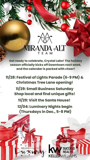 ✨ Downtown Crystal Lake is officially in holiday mode! If you’re planning your festive outings, here’s a quick peek at what’s happening around town this season. So many fun events, lights, and local moments to enjoy, hope to see you out and about! 🎄❤️ #CrystalLake #MirandaAltTeam #McHenryCountyRealEstate | Miranda Alt - Keller Williams Success Realty